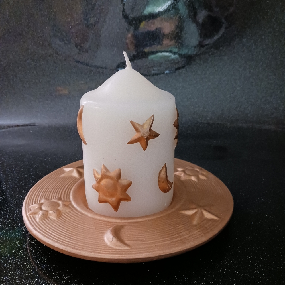 Vintage Gold Sun, Moon and Stars  on White Candle with Gold Candle Holde… - Picture 3 of 6